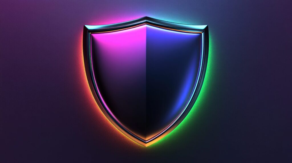 A bright shield with colorful lights symbolizes digital protection and security