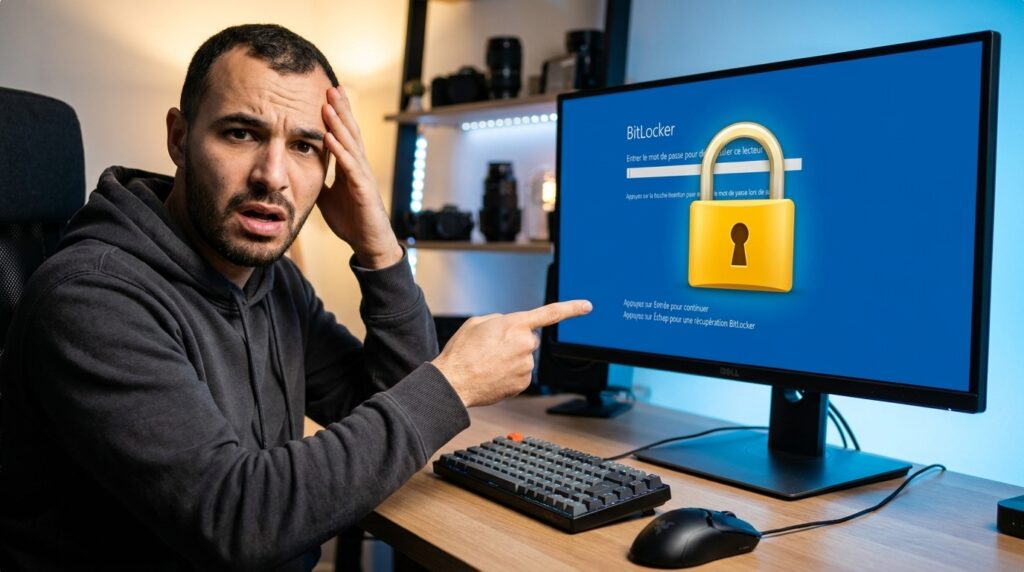 Man pointing at BitLocker screen