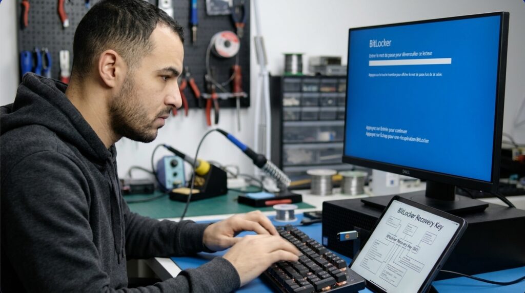 Young man typing on keyboard